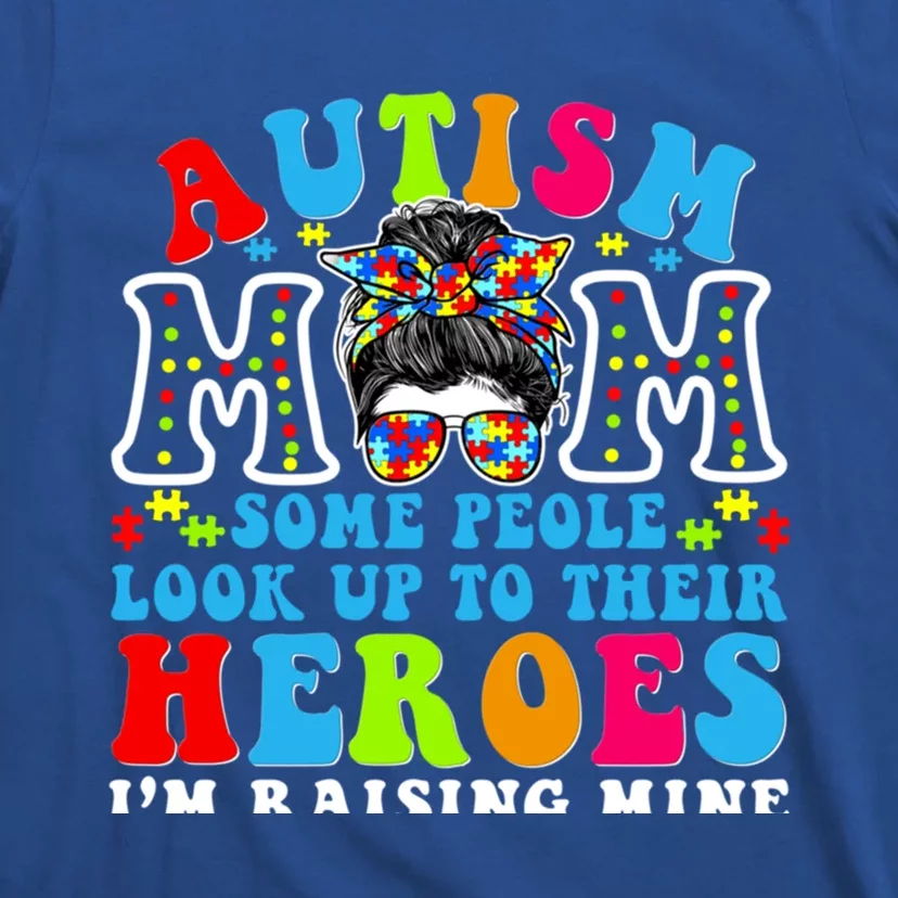 Autism Mom Raising Hero Groovy Messy Bun Autism Awareness Gift T-Shirt