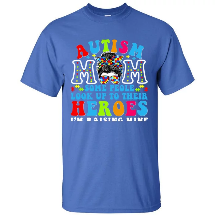 Autism Mom Raising Hero Groovy Messy Bun Autism Awareness Gift Tall T-Shirt