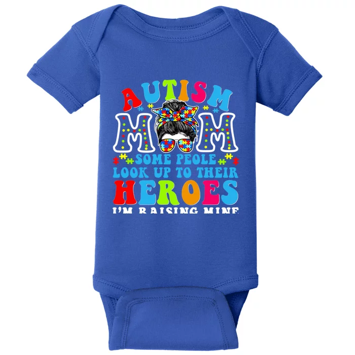 Autism Mom Raising Hero Groovy Messy Bun Autism Awareness Gift Baby Bodysuit