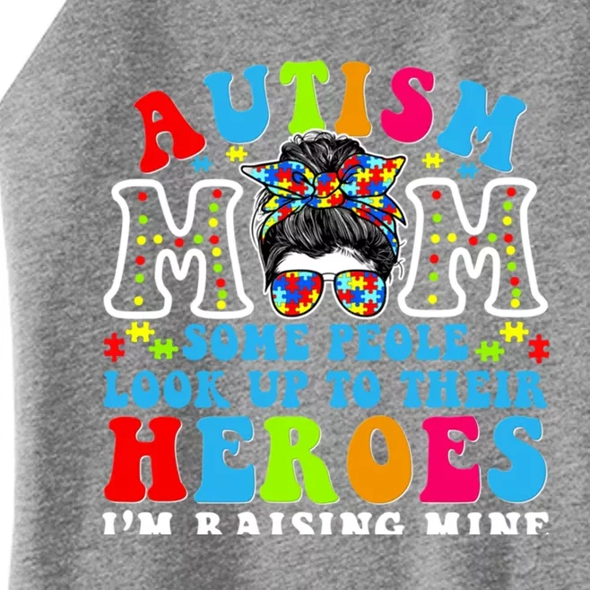 Autism Mom Raising Hero Groovy Messy Bun Autism Awareness Gift Women’s Perfect Tri Rocker Tank