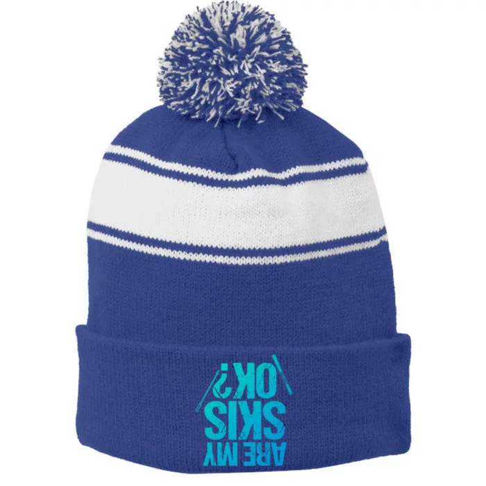 Are My Ski Ok? Skiing Snow Mountain Winter Gift Stripe Pom Pom Beanie