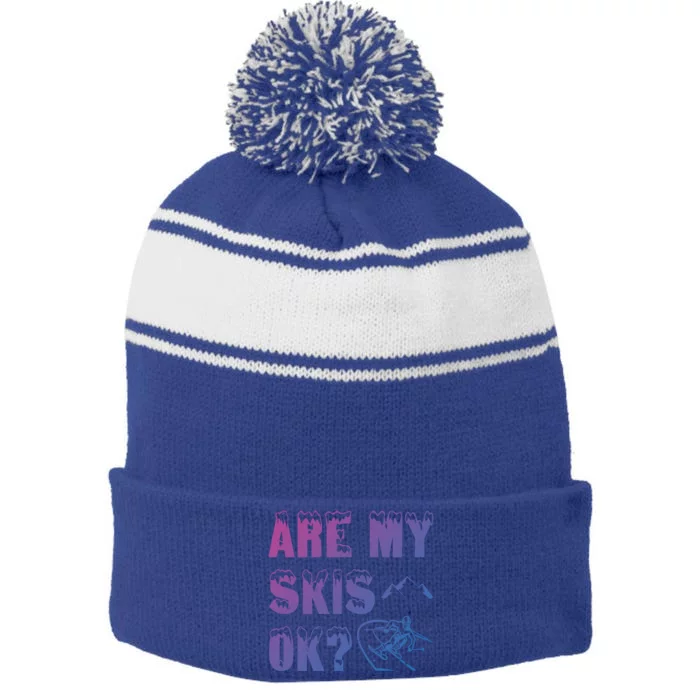 Are My Skis Ok? Funny Skiing Funny Gift Funny Gift Stripe Pom Pom Beanie