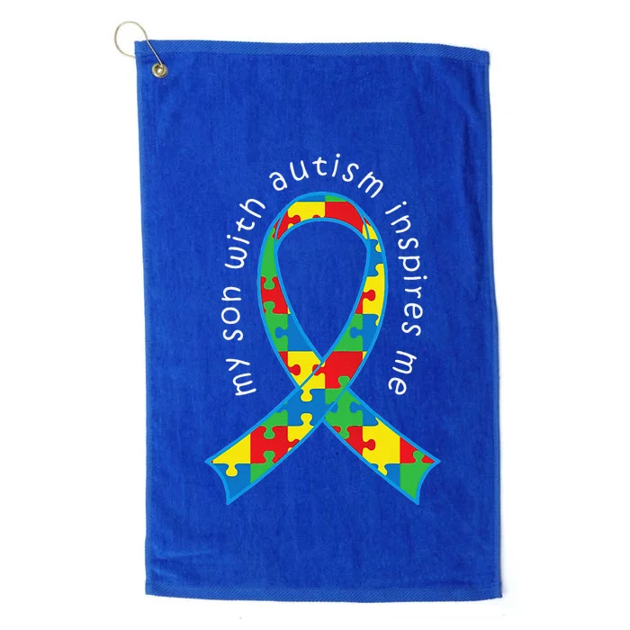 Autism Mom Son Puzzle Ribbon Awareness Tee Platinum Collection Golf Towel