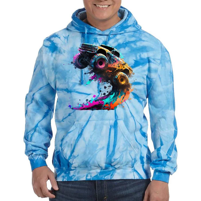 Airborne Monster Truck Jump Off Road Vehicle Colorful Dirt Tie Dye Hoodie