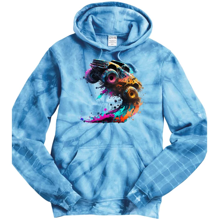 Airborne Monster Truck Jump Off Road Vehicle Colorful Dirt Tie Dye Hoodie