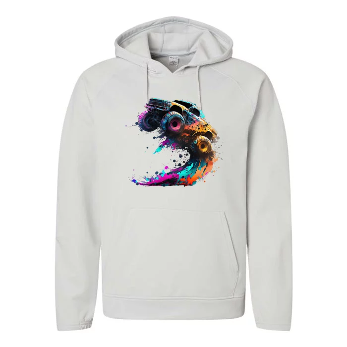 Airborne Monster Truck Jump Off Road Vehicle Colorful Dirt Performance Fleece Hoodie