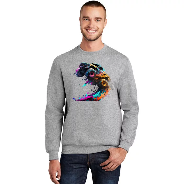 Airborne Monster Truck Jump Off Road Vehicle Colorful Dirt Tall Sweatshirt