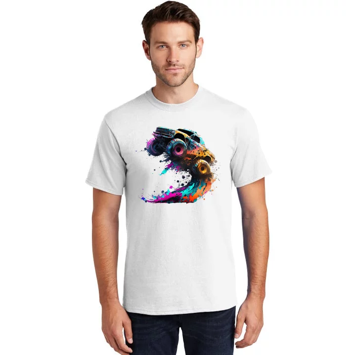 Airborne Monster Truck Jump Off Road Vehicle Colorful Dirt Tall T-Shirt