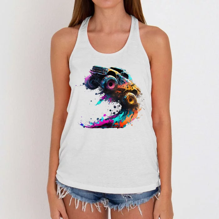 Airborne Monster Truck Jump Off Road Vehicle Colorful Dirt Women's Knotted Racerback Tank