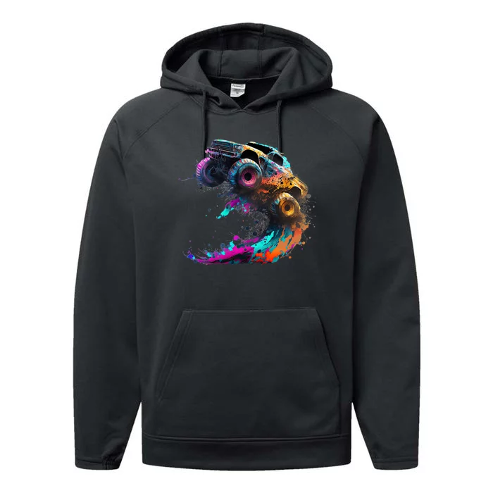 Airborne Monster Truck Jump Off Road Vehicle Colorful Dirt Performance Fleece Hoodie