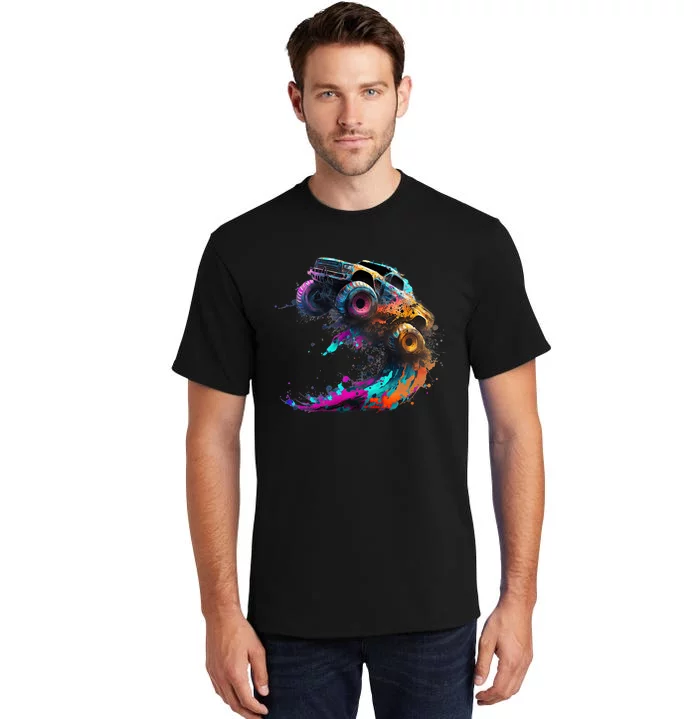 Airborne Monster Truck Jump Off Road Vehicle Colorful Dirt Tall T-Shirt