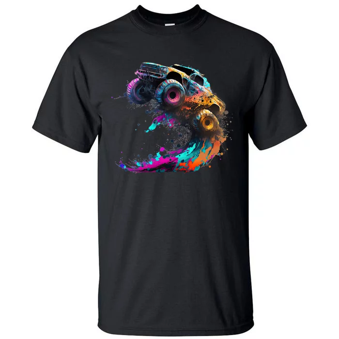 Airborne Monster Truck Jump Off Road Vehicle Colorful Dirt Tall T-Shirt