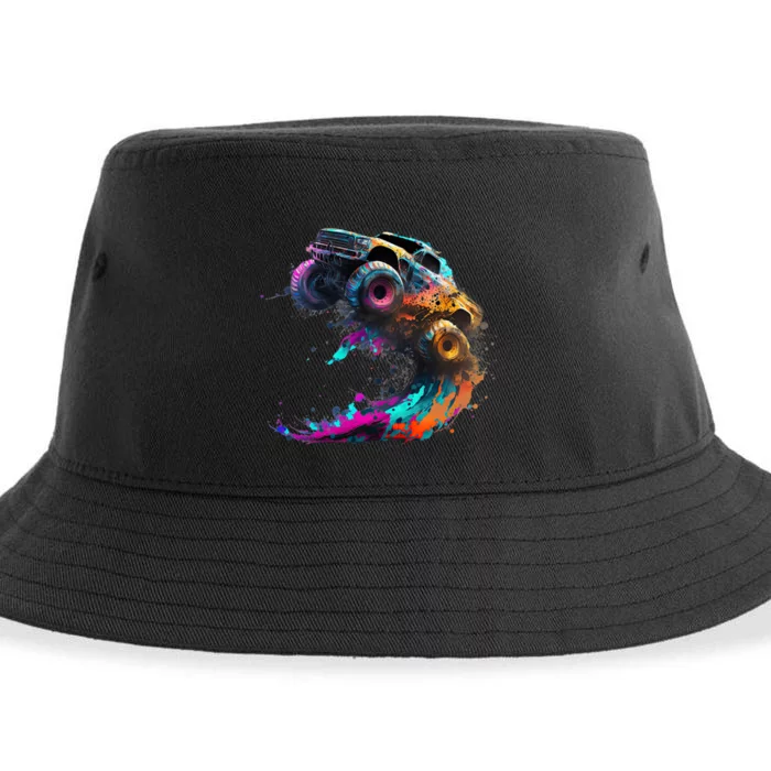 Airborne Monster Truck Jump Off Road Vehicle Colorful Dirt Sustainable Bucket Hat