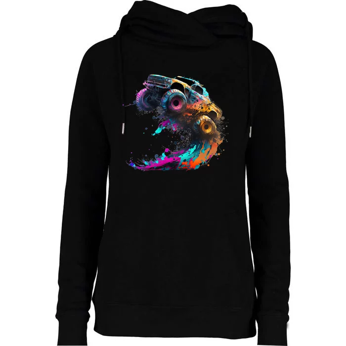 Airborne Monster Truck Jump Off Road Vehicle Colorful Dirt Womens Funnel Neck Pullover Hood