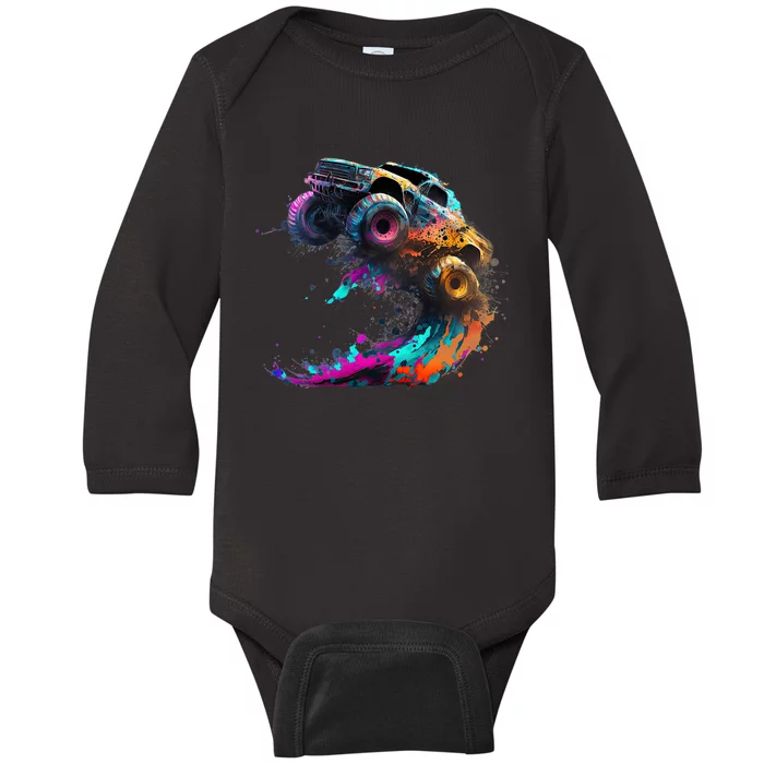 Airborne Monster Truck Jump Off Road Vehicle Colorful Dirt Baby Long Sleeve Bodysuit