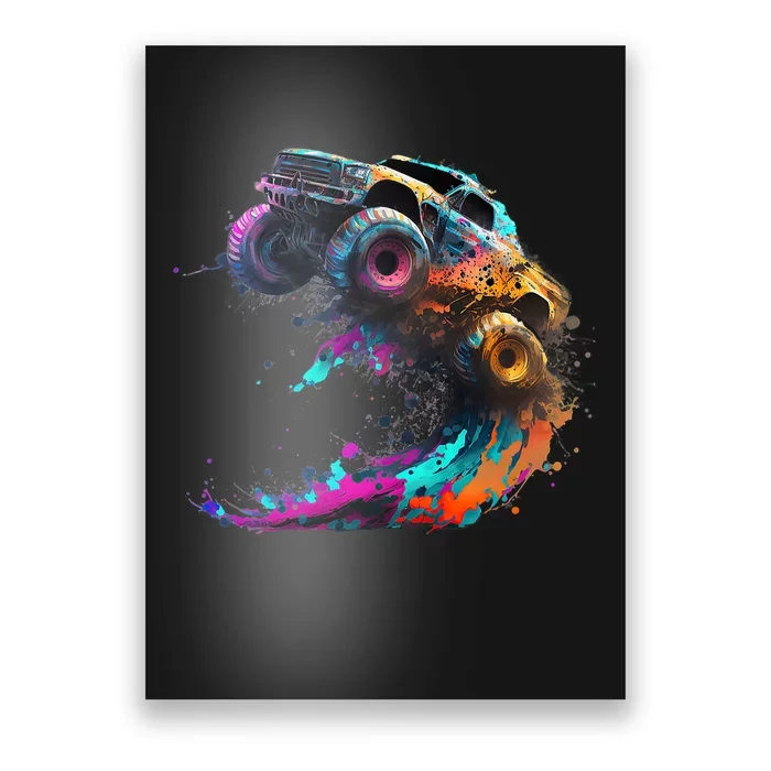 Airborne Monster Truck Jump Off Road Vehicle Colorful Dirt Poster