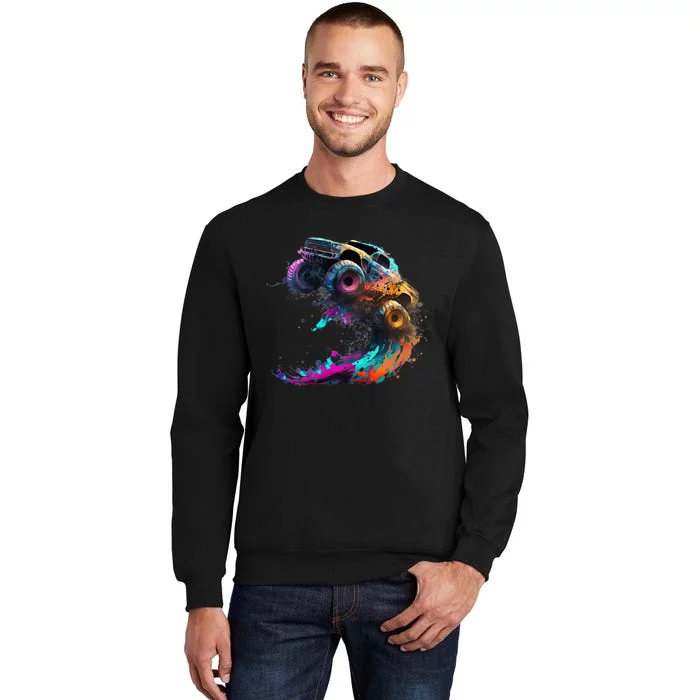 Airborne Monster Truck Jump Off Road Vehicle Colorful Dirt Tall Sweatshirt