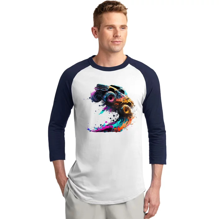 Airborne Monster Truck Jump Off Road Vehicle Colorful Dirt Baseball Sleeve Shirt