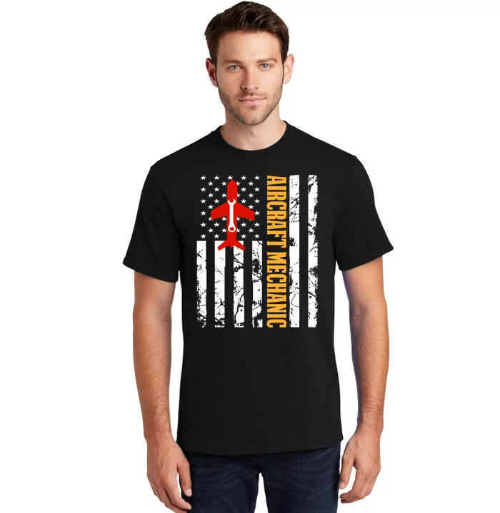 Aircraft Mechanic USA Flag Airplane Technician Aviation Gift Tall T-Shirt