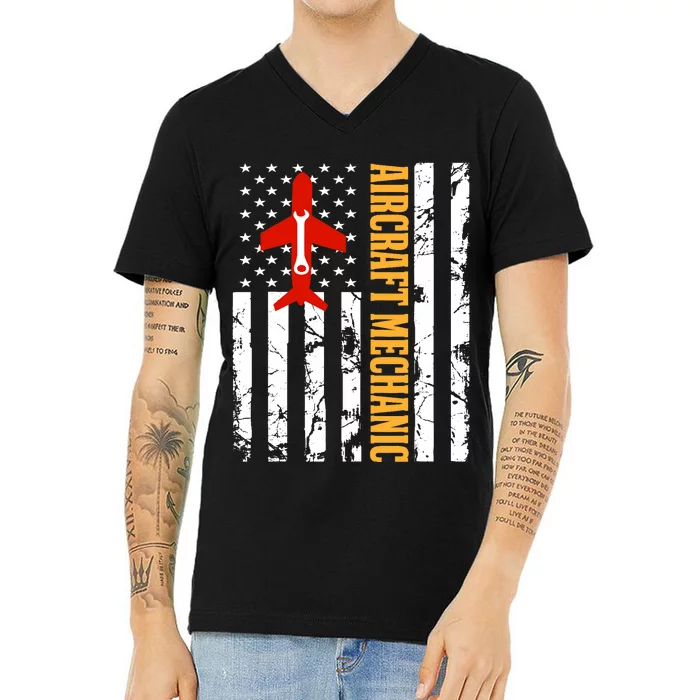 Aircraft Mechanic USA Flag Airplane Technician Aviation Gift V-Neck T-Shirt