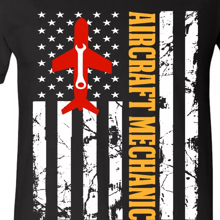 Aircraft Mechanic USA Flag Airplane Technician Aviation Gift V-Neck T-Shirt