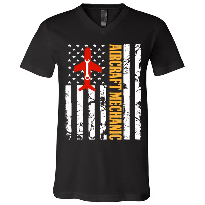 Aircraft Mechanic USA Flag Airplane Technician Aviation Gift V-Neck T-Shirt