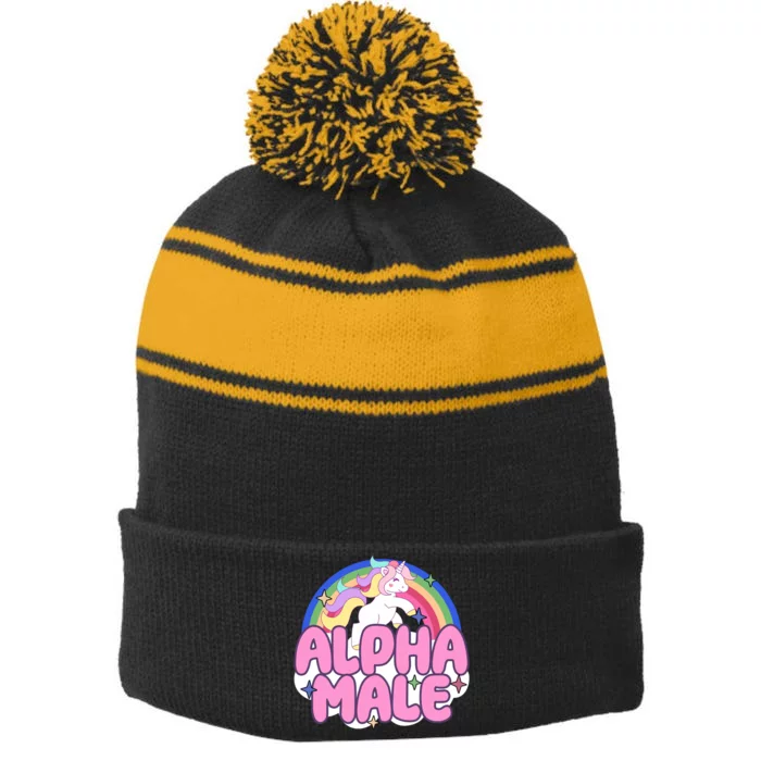 Alpha Male Unicorn Rainbow Stripe Pom Pom Beanie