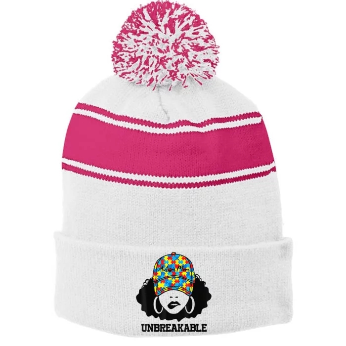 Autism Mom Unbreakable Autism Awareness Mom Mothers Women Stripe Pom Pom Beanie