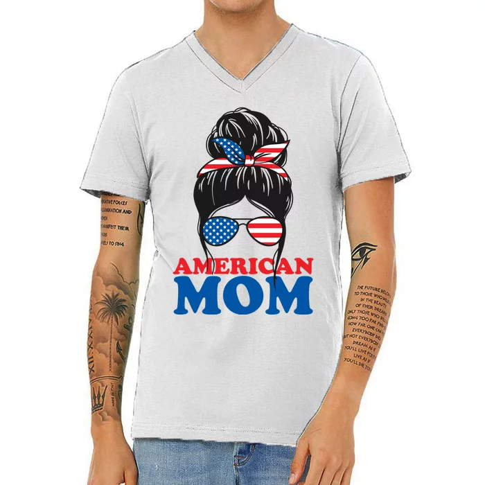 American Mom Usa Hair Bun V-Neck T-Shirt