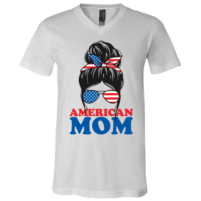 American Mom Usa Hair Bun V-Neck T-Shirt