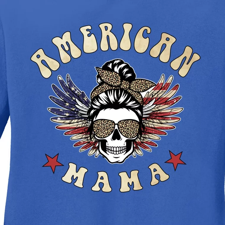 American Mama Vintage Leopard Print 4th Of July Gift Ladies Long Sleeve Shirt