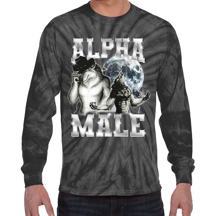 Alpha Male Wolf Meme Ironic Brainrot Tie-Dye Long Sleeve Shirt