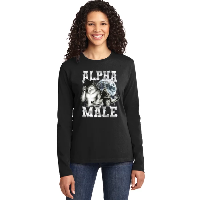 Alpha Male Wolf Meme Ironic Brainrot Ladies Long Sleeve Shirt