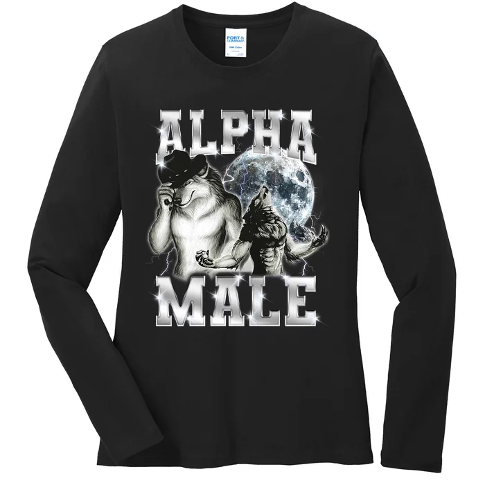 Alpha Male Wolf Meme Ironic Brainrot Ladies Long Sleeve Shirt