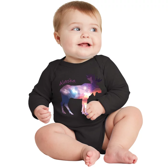 Alaska Moose Within The Borealis And The Polar Sky Baby Long Sleeve Bodysuit