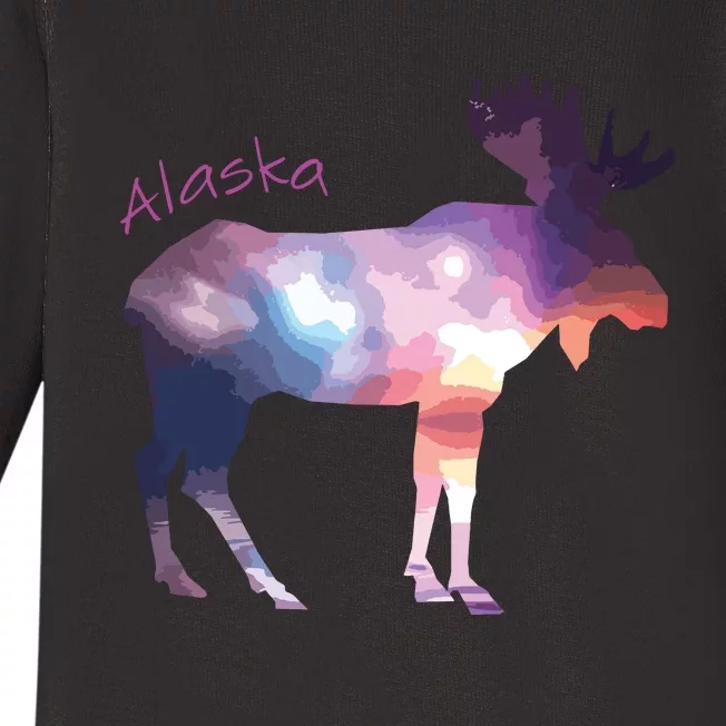 Alaska Moose Within The Borealis And The Polar Sky Baby Long Sleeve Bodysuit