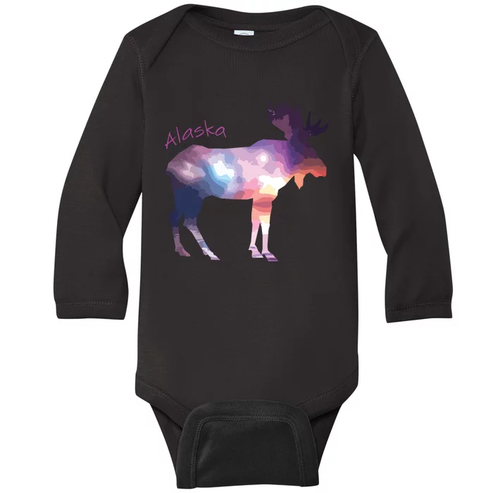 Alaska Moose Within The Borealis And The Polar Sky Baby Long Sleeve Bodysuit