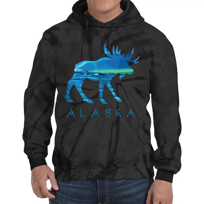 Alaskan Moose With Borealis Snow Scene Tie Dye Hoodie