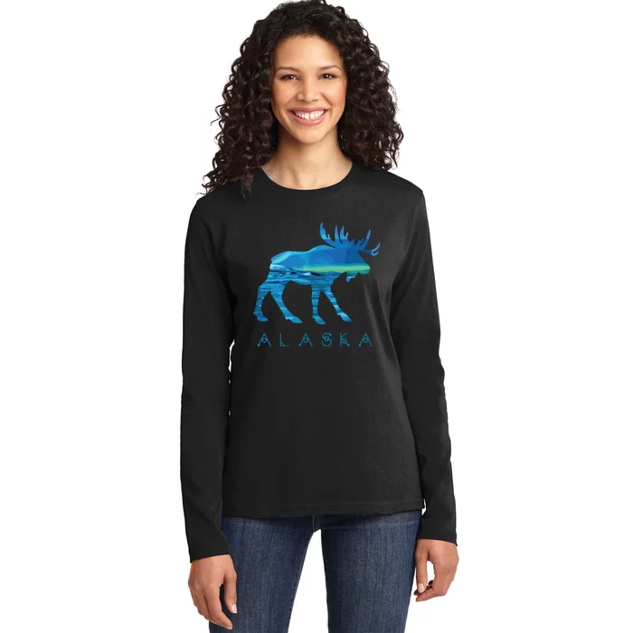 Alaskan Moose With Borealis Snow Scene Ladies Long Sleeve Shirt