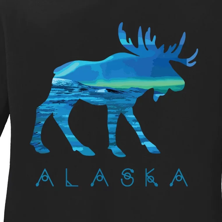 Alaskan Moose With Borealis Snow Scene Ladies Long Sleeve Shirt