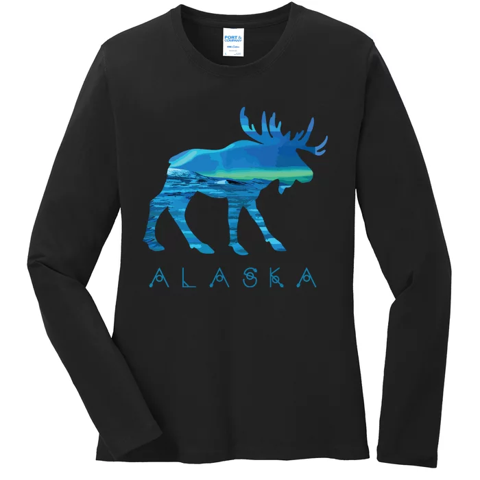 Alaskan Moose With Borealis Snow Scene Ladies Long Sleeve Shirt