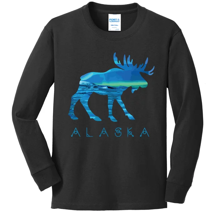 Alaskan Moose With Borealis Snow Scene Kids Long Sleeve Shirt