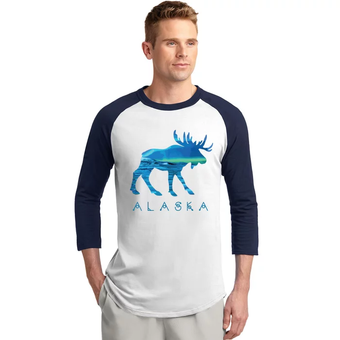 Alaskan Moose With Borealis Snow Scene Baseball Sleeve Shirt