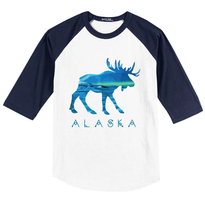 Alaskan Moose With Borealis Snow Scene Baseball Sleeve Shirt