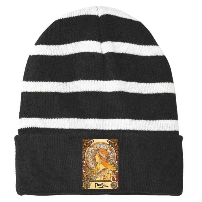 Alphonse Mucha Zodiac Art Nouveau Striped Beanie with Solid Band