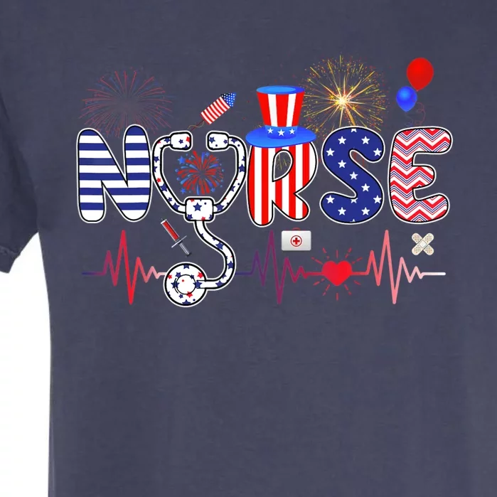 American Nurse 4th of July Nurse Stethoscope Heartbeat Garment-Dyed Heavyweight T-Shirt