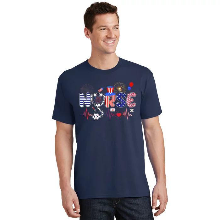 American Nurse 4th of July Nurse Stethoscope Heartbeat T-Shirt