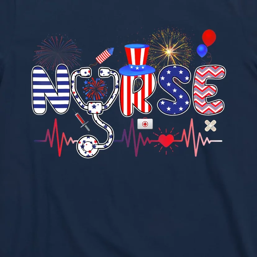 American Nurse 4th of July Nurse Stethoscope Heartbeat T-Shirt