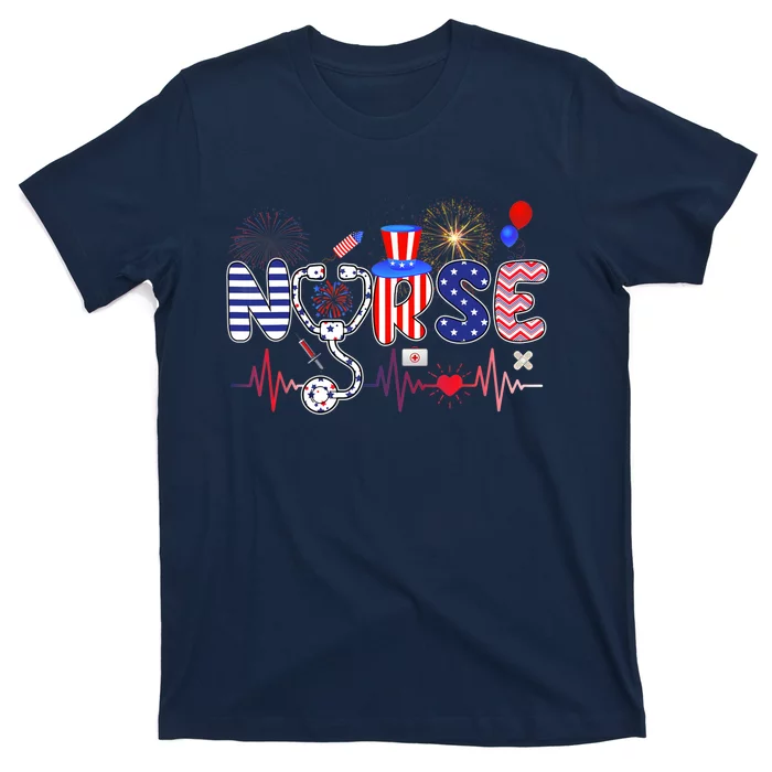 American Nurse 4th of July Nurse Stethoscope Heartbeat T-Shirt