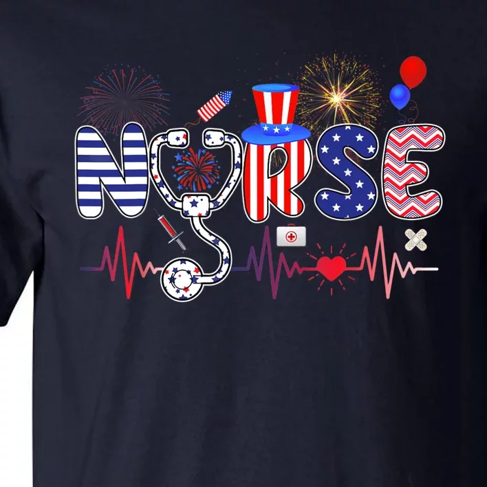 American Nurse 4th of July Nurse Stethoscope Heartbeat Tall T-Shirt